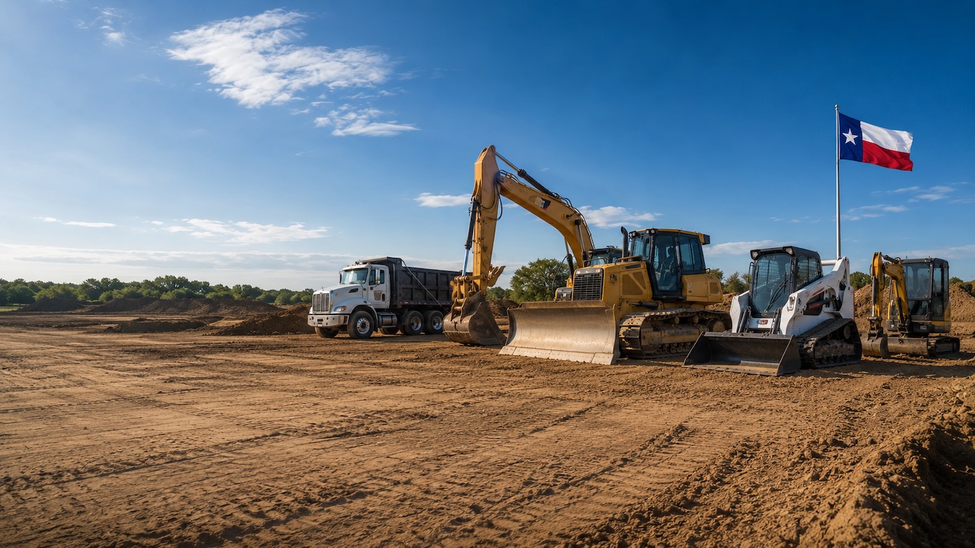 Excavating contractor equipment on a jobsite in Yantis, TX with Texas flag